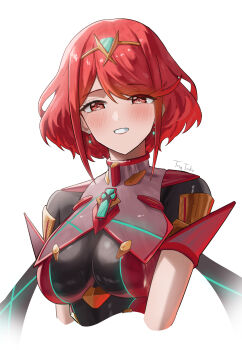 1girl absurdres artist_name blush bob_cut breasts hashtag-only_commentary highres large_breasts medium_hair pyra_(xenoblade) red_eyes red_hair simple_background solo tiara tngtaku twitter_username white_background xenoblade_chronicles_(series) xenoblade_chronicles_2