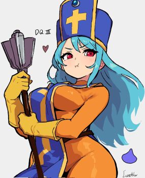 Rule 34 | 1girl, :t, alt text, blue hair, blue hat, blue tabard, bodysuit, breasts, commentary, copyright name, cowboy shot, dragon quest, dragon quest iii, english commentary, gloves, gold trim, hat, heart, highres, holding, holding staff, long hair, looking to the side, lunchiblz, medium breasts, mitre, orange bodysuit, pout, priest (dq3), red eyes, slime (dragon quest), solo, staff, tabard, white background, yellow gloves