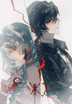 1boy 1girl black_hair black_jacket chinese_commentary collared_jacket commentary_request earrings frilled_sleeves frills from_side grey_hair highres jacket jewelry long_hair looking_down male_rover_(wuthering_waves) phrolova_(wuthering_waves) rover_(wuthering_waves) shuiyuan string string_of_fate upper_body wuthering_waves