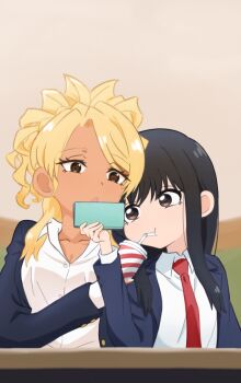 Rule 34 | 2girls, black hair, black jacket, blonde hair, brown eyes, collarbone, collared shirt, cup, dark-skinned female, dark skin, drinking straw, food court de mata ashita, highres, holding, holding cup, jacket, long hair, multiple girls, necktie, open clothes, open jacket, phone, raku29 shi, red necktie, school uniform, shirt, sitting, unbuttoned, unbuttoned shirt, wada (food court), white shirt, yamamoto (food court), yuri