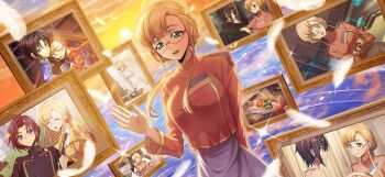 1boy 1girl ashford_academy_school_uniform black_hair blonde_hair blue_eyes breasts clarice_garfield code_geass code_geass:_lost_stories f4samurai game_cg glasses green_eyes highres large_breasts long_hair mario_disel official_art open_mouth orange_shirt photo_(object) school_uniform shirt short_hair smile