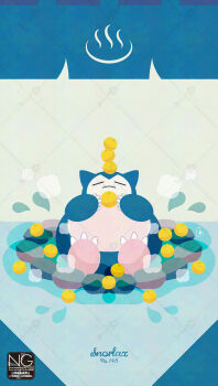 Rule 34 | claws, closed eyes, closed mouth, commentary, fangs, food, fruit, gen 1 pokemon, highres, holding, lemon, lying, meme (sleepsheep), nintendo, no humans, on back, on head, onsen, onsen symbol, pokemon, pokemon (creature), pokemon focus, snorlax, stack, symbol-only commentary, water