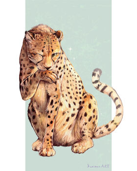 animal animal_focus cat cheetah commentary_request grooming highres kamimon2016 no_humans one_eye_closed original tongue tongue_out