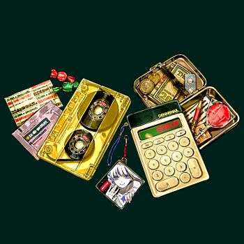 bandaid banknote blister_pack calculator candy charm_(object) coin commentary_request denn_(naluse_flow) food green_background lollipop medicine money no_humans object_focus original pencil pill simple_background still_life tape