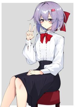Rule 34 | 1girl, absurdres, alternate costume, black choker, black skirt, blush, bow, bowtie, buttons, chair, choker, collared shirt, commentary request, grey background, hair intakes, hair ornament, hair ribbon, hairclip, hand on own thigh, highres, knees, long sleeves, purple eyes, purple hair, red ribbon, ribbon, shirt, short hair, sitting, skirt, solo, v, voiceroid, white background, white shirt, yuzuki yukari, yuzuki yukari (shizuku), zooanime