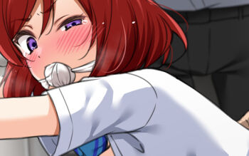 1boy 1girl ball_gag blurry blurry_background blush breasts breasts_out close-up gag half-closed_eye implied_sex love_live! love_live!_school_idol_project medium_breasts medium_hair nishikino_maki no_bra open_clothes open_shirt otonokizaka_school_uniform purple_eyes red_hair restrained saliva school_uniform solo tearing_up yopparai_oni