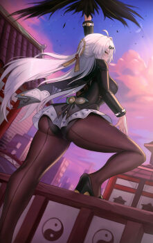 1girl absurdres alternate_costume ass black_dress blush breasts dress from_behind hair_ornament high_heels highres long_hair looking_at_viewer looking_back looking_down medium_breasts panties panties_under_pantyhose pantyhose puppnett short_dress sideboob solo underwear very_long_hair yixuan_(trails_of_ink)_(zenless_zone_zero) yixuan_(zenless_zone_zero) zenless_zone_zero