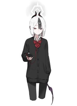 Rule 34 | 1girl, alternate costume, alternate hair length, alternate hairstyle, black cardigan, black hair, black nails, black pantyhose, blue archive, bow, bowtie, cardigan, cellphone, closed mouth, collared shirt, commentary request, cropped legs, earclip, earphones, halo, hand in pocket, highres, holding, holding phone, horns, kayoko (blue archive), long sleeves, looking at viewer, nail polish, pantyhose, phone, red bow, red bowtie, red eyes, shirt, simple background, single wing, smartphone, solo, white background, white hair, white shirt, wings, zangaiiii1