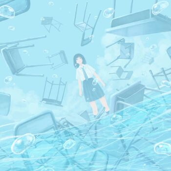 1girl air_bubble black_eyes black_hair black_socks blue_necktie blue_skirt blue_theme bubble chair collared_shirt commentary_request desk dutch_angle floating floating_object gensuke_(ryun) highres kneehighs looking_up medium_hair necktie original parted_lips pleated_skirt school_chair school_desk school_uniform shirt short_sleeves skirt socks solo striped_necktie wading white_shirt