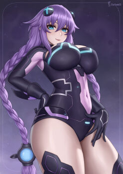 1girl black_leotard black_thighhighs blue_eyes braid braided_twintails breasts cleavage_cutout clothing_cutout covered_navel d-pad d-pad_hair_ornament from_below hair_between_eyes hair_ornament hair_tie hand_on_own_crotch hand_on_own_hip highres large_breasts leotard light_blush long_hair looking_at_viewer neptune_(series) purple_hair purple_heart_(lost_purple)_(neptunia) purple_heart_(neptunia) shiny_clothes signature smile solo star_(sky) starry_sky_background thighhighs tio_sam twin_braids very_long_hair