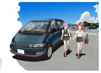 2girls absurdres ahoge bag black_skirt black_vest boat bottle bow brown_bag car closed_eyes closed_mouth cloud collared_shirt curtained_hair day green_ribbon grey_eyes hair_bow hair_ornament hair_scrunchie highres hill holding holding_bag holding_bottle kagerou_(kancolle) kanno_wagon kantai_collection looking_at_another medium_hair motor_vehicle multiple_girls neck_ribbon open_mouth orange_hair outdoors pink_hair plastic_bottle pleated_skirt ponytail red_ribbon ribbon road school_uniform scrunchie shadow shiranui_(kancolle) shirt short_sleeves skirt sky smile toyota toyota_estima van vehicle_focus vest walking water watercraft white_shirt wide_shot