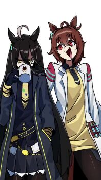 2girls agnes_tachyon_(umamusume) ahoge angry animated black_hair brown_hair coffee_mug cup disgust gloves hand_on_pocket jacket lab_coat makotogab manhattan_cafe_(umamusume) mug multiple_girls peeing red_eyes reporter_(rhythm_tengoku) rhythm_tengoku sleeves_past_wrists smile tagme umamusume video yellow_eyes
