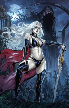 Rule 34 | 1girl, 1other, absurdres, black boots, black bra, black cloak, black gloves, black lips, black panties, blank eyes, boots, bra, breasts, cloak, death (entity), earrings, elbow gloves, full moon, gloves, grass, graveyard, hand on own thigh, highres, holding, holding sword, holding weapon, hood, hooded cloak, jewelry, lady death, lady death (character), long hair, looking at viewer, medium breasts, mike krome, moon, navel, night, outdoors, panties, partially fingerless gloves, planted, planted sword, planted weapon, scythe, skull earrings, standing, sword, thigh boots, tombstone, torn cloak, torn clothes, underwear, weapon, white hair