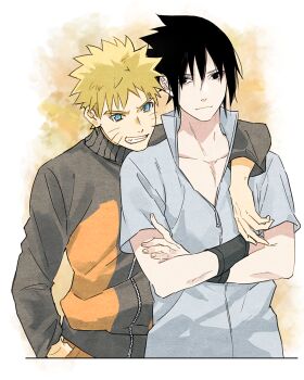Rule 34 | 2boys, arm around shoulder, armband, black eyes, black hair, black jacket, blonde hair, blue eyes, closed mouth, collarbone, commentary request, crossed arms, facial mark, grey shirt, grin, hand in pocket, high collar, highres, jacket, long sleeves, looking at viewer, male focus, multicolored jacket, multiple boys, naruto (series), orange jacket, shirt, short hair, short sleeves, smile, spiked hair, teeth, track jacket, two-tone jacket, uchiha sasuke, upper body, uzumaki naruto, whisker markings, ykmr (haga), zipper, zipper pull tab