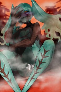 1boy 1girl absurdres aqua_hair assertive_female bar_censor black_sclera blush censored claws code_vein colored_sclera commission cum cum_overflow ejaculation ekrea_jan hand_on_another's_head hetero highres hug invading_executioner invading_executioner_(code_vein) long_hair looking_at_another monster_girl orange_background orange_eyes sex sitting skeb_commission steam straddling tongue tongue_out twintails upright_straddle vaginal