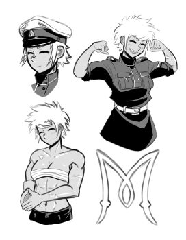 1girl absurdres belt black_jacket blush breasts check_clothing chest_sarashi closed_eyes clothing_request commentary english_commentary fluffkaiser hat high_collar highres imperial_russian_army jacket military_uniform monochrome multiple_views no_shirt original own_hands_together peaked_cap russian_civil_war sarashi scar scar_on_arm scar_on_chest short_hair shoulder_boards simple_background small_breasts smile soldier spiked_hair tomboy white_army white_belt