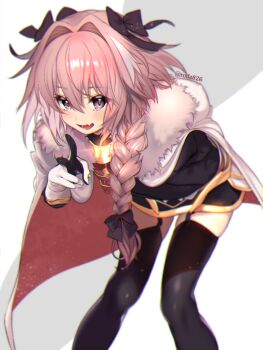 Rule 34 | 1boy, androgynous, armored skirt, astolfo (fate), astolfo (rider) (fate), black bow, black garter straps, black sweater, black thighhighs, bow, braid, cape, commentary request, cowboy shot, fang, fate/apocrypha, fate (series), fur-trimmed cape, fur trim, garter straps, gauntlets, gorget, hair bow, hair intakes, light blush, long hair, male focus, multicolored hair, open mouth, pink hair, purple eyes, roda (roda826), single braid, skin fang, smile, solo, streaked hair, sweater, thighhighs, twitter username, two-sided cape, two-sided fabric, v, white cape, white hair, zettai ryouiki
