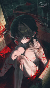 Rule 34 | 1girl, absurdres, ahoge, bath, bath of blood, black hair, blood, blood on body, breasts, collarbone, commentary request, demon tail, from above, highres, long hair, looking at viewer, nude, original, red eyes, sitting, small breasts, smoking, solo, sushispin, tail