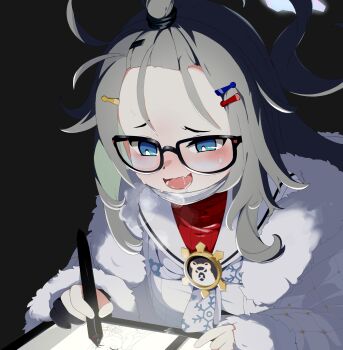 1girl ahoge artist_glove bangs_pinned_back black-framed_eyewear black_background blue_archive blue_eyes blush breath chinese_commentary coat commentary_request didac_fantasy drawing_(action) drawing_tablet drooling fang fur-trimmed_coat fur_trim glasses gradient_halo green_hair hair_ornament hairclip halo highres holding holding_stylus huge_ahoge long_hair long_sleeves meru_(blue_archive) multicolored_halo neckerchief open_mouth print_neckerchief purple_halo red_sweater screen_light simple_background skin_fang smile solo stylus sweater white_coat