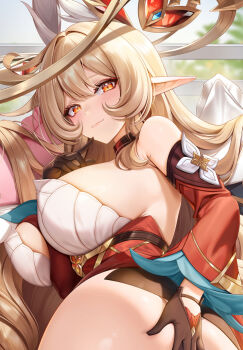 1girl alice_(genshin_impact) alternate_breast_size_(larger) ass_peek blonde_hair breasts commentary_request cowlick detached_sleeves diamond-shaped_pupils diamond_(shape) dress genshin_impact gloves hair_between_eyes jg&amp;solin large_breasts long_hair looking_at_viewer looking_back pointy_ears red_dress side_ahoge sideboob smile symbol-shaped_pupils