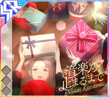 Rule 34 | 4girls, album cover, black bow, black sleeves, blonde hair, blue eyes, blue hair, blush, bow, brown hair, candle, character name, christmas, christmas present, closed eyes, cover, dot nose, frilled sleeves, frills, from above, fur-trimmed headwear, fur trim, game cg, gift, gloves, hachikubo natsu, hand on table, hat, holding, holding gift, holly, ichinose yukino, idol wars, kirishima misaki (idol wars), lens flare, long hair, multiple girls, mushanokoji shizuka, non-circular lens flare, official art, open mouth, pink hair, red eyes, red gloves, red hat, reflective table, santa hat, smile, sparkle, striped bow, table, third-party source, translated, wooden table