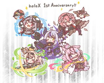 5girls ;) ;3 ;d absurdres ahoge animal animal_ear_fluff animal_ears anniversary bird black_dress black_gloves black_hair black_hairband black_jacket black_shoes black_shorts blue_eyes blue_skirt blush_stickers bow braid braided_bangs brown_feathers brown_hair brown_pantyhose brown_wings camisole chibi closed_mouth commentary_request crow_(la+_darknesss) crown_braid demon_horns double_bun dress eye_mask fang feathered_wings feathers fingerless_gloves ganmo_(takane_lui) gloves grey_hair hair_between_eyes hair_bun hair_ornament hairband hairclip hakui_koyori hakui_koyori_(1st_costume) head_wings highres holding holding_mask hololive holox hood hood_up hooded_jacket horns innertube inu_(sakamata_chloe) jacket katana kazama_iroha kazama_iroha_(1st_costume) kokoro_(hakui_koyori) la+_darknesss la+_darknesss_(1st_costume) long_hair long_sleeves mask mitarashi_neko mouth_hold multicolored_hair multiple_girls necktie on_head one_ear_down one_eye_closed open_clothes open_jacket open_mouth pantyhose pantyhose_under_shorts pink_hair pink_necktie plaid_bow plaid_clothes plaid_skirt pleated_skirt pokobee ponytail puffy_long_sleeves puffy_sleeves purple_eyes purple_hair purple_thighhighs red_bow red_eyes red_skirt sakamata_chloe sakamata_chloe_(1st_costume) sheath sheathed shirt shoes shorts single_thighhigh skirt sleeves_past_fingers sleeves_past_wrists smile sparkle streaked_hair swim_ring sword tail takane_lui takane_lui_(1st_costume) thighhighs tsukune_(takane_lui) tsumire_(takane_lui) unworn_mask very_long_hair vial virtual_youtuber water weapon white_camisole white_jacket white_shirt wide_sleeves wings x_hair_ornament yellow_eyes