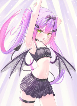 1girl arms_up belt black_bra black_skirt bow bra buckle choker commentary cowboy_shot demon_girl demon_tail demon_wings frilled_bra frills gradient_hair green_eyes hair_bow hair_intakes hair_ornament hairclip heart heart-shaped_buckle highres hololive layered_skirt long_hair looking_at_viewer multicolored_hair navel navel_piercing o-ring o-ring_choker open_mouth parallel_hairclips piercing pink_hair purple_hair skirt solo stomach tail tail_ornament tail_piercing takka_(tktk1111111) thigh_strap tokoyami_towa twintails two-tone_hair underwear virtual_youtuber wings