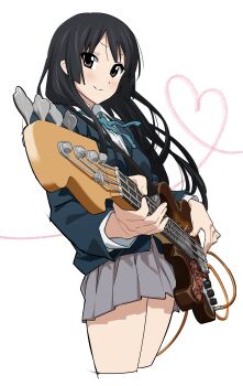 1girl absurdres akiyama_mio bass_guitar black_eyes black_hair black_jacket blazer blue_ribbon blush closed_mouth commentary_request cropped_legs grey_skirt heart hei_taiyou highres instrument jacket k-on! left-handed long_hair long_sleeves looking_at_viewer music neck_ribbon playing_bass_guitar playing_instrument pleated_skirt ribbon sakuragaoka_high_school_uniform school_uniform simple_background skirt smile solo white_background winter_uniform