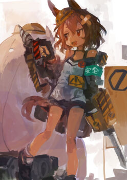 ! 1girl absurdres animal_ears black_shorts brown_eyes brown_hair commentary_request construction hard_hat helmet highres kaamin_(mariarose753) open_mouth original shirt shorts solo standing white_shirt