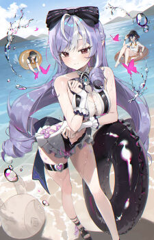 1girl 2boys absurdres bare_shoulders belle_(summer_skies)_(zenless_zone_zero) belle_(zenless_zone_zero) breasts brother_and_sister chama_(chacoc0) cleavage closed_mouth clothing_cutout commentary english_commentary heart highres large_breasts long_hair looking_at_viewer mole mole_under_eye multicolored_hair multiple_boys official_alternate_costume outdoors pointy_ears purple_hair red_eyes siblings sky smile standing streaked_hair swimsuit thigh_strap vivian_banshee vivian_banshee_(iris_of_the_shore) water white_hair wise_(peaceful_waves)_(zenless_zone_zero) wise_(zenless_zone_zero) zenless_zone_zero