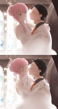 1boy 1girl black_hair black_shirt blush breasts bridal_veil bride carrying church closed_eyes couple dress elbow_gloves expressionless formal_clothes gloves groom hair_ornament hair_ribbon hand_on_another's_back hand_on_another's_shoulder hetero highres husband_and_wife imminent_kiss jacket leaning_forward long_hair long_sidelocks natsuki_subaru necktie orange_necktie pink_hair princess_carry puckered_lips ram_(re:zero) re:zero_kara_hajimeru_isekai_seikatsu red_eyes ribbon shirt short_hair sidelocks sleeveless small_breasts suit tukemono6 tuxedo veil wedding wedding_dress white_dress white_gloves white_jacket white_suit x_hair_ornament
