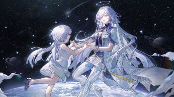 2girls age_comparison breasts closed_eyes commentary dress dual_persona grey_hair hair_ornament hair_over_one_eye halo hashtag-only_commentary high_heels highres id_card interlocked_fingers jacket long_hair ming_zhentan_allk mornye_(wuthering_waves) multiple_girls parted_lips purple_dress red_eyes see-through_body sky small_breasts smile space star_(sky) starry_sky tacet_mark_(wuthering_waves) white_dress white_jacket wuthering_waves