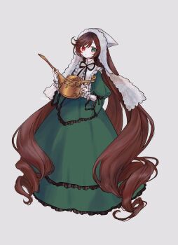 1girl absurdly_long_hair absurdres black_ribbon brown_hair collared_dress commentary_request dress drill_hair fan_request frilled_dress frilled_shirt_collar frills full_body green_dress green_eyes grey_background headscarf heterochromia highres holding holding_watering_can lace_lappet lappet limo_nine long_dress long_hair long_sleeves looking_at_viewer neck_ribbon odaibako parted_lips red_eyes ribbon rozen_maiden signature simple_background solo standing suiseiseki swept_bangs twin_drills very_long_hair watering_can white_headscarf