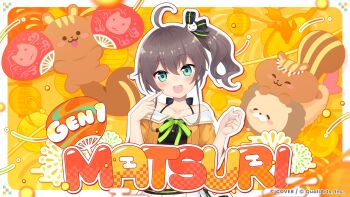 1girl absurdres ahoge aqua_eyes blurry blush brown_hair cat_hair_ornament character_name commentary_request company_name copyright_notice depth_of_field ebi_frion_(natsuiro_matsuri) fireworks folding_fan hair_between_eyes hair_ornament hand_fan highres hololive hololive_dreams looking_at_viewer matsurisu natsuiro_matsuri natsuiro_matsuri_(1st_costume) official_art orange_shirt outline pleated_skirt shirt side_ponytail skirt solo squirrel teeth tongue upper_teeth_only white_skirt