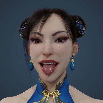 1girl 3d alternate_costume animated blue_one-piece_swimsuit breasts brown_eyes brown_hair capcom chun-li cleavage face_focus licking_lips official_alternate_costume one-piece_swimsuit open_mouth parted_lips simple_background smile soles street_fighter street_fighter_6 swimsuit tagme tongue tongue_out upper_body video