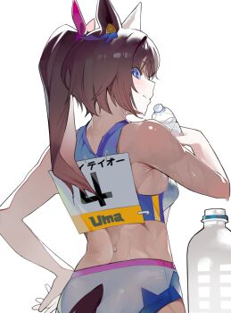 Rule 34 | 1girl, absurdres, animal ears, armpit crease, bare arms, blue eyes, bottle, breasts, brown hair, buruma, closed mouth, commentary request, cropped shirt, from behind, hand on own hip, highres, holding, holding bottle, horse ears, horse girl, horse tail, korean commentary, long hair, looking at viewer, looking back, ludus mio, medium breasts, plastic bottle, ponytail, shirt, sideways glance, simple background, smile, solo, sweat, tail, tokai teio (umamusume), umamusume, water bottle, white background, white buruma, white shirt