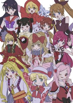 Rule 34 | 6+girls, akazukin chacha, animal, arm up, ashita no nadja, atat karubi, bishoujo senshi sailor moon, black bow, black bowtie, black hair, blonde hair, blue eyes, bonnet, bow, bowtie, brooch, brown hair, capelet, cardcaptor sakura, chacha (akazukin chacha), chinese clothes, choker, cloak, closed mouth, clown drop, color connection, commentary, crossover, cure passion, dot mouth, double bun, dress, drill hair, earrings, elbow gloves, english commentary, female focus, flower, fresh precure!, frilled dress, frills, gloves, hair bow, hair bun, hair flower, hair ornament, hair ribbon, haneoka meimi, hat, heart, heart brooch, heart hair ornament, higashi setsuna, high ponytail, highres, hino rei, hojo sophy, holding, holding wand, japanese clothes, jewelpet, jewelpet (series), jewelry, juggling club, kaitou jeanne, kaitou saint tail, kamikaze kaitou jeanne, kimono, kougyoku rinko, kusakabe maron, li meiling, light smile, long hair, looking at viewer, magical girl, mashiro rima, mini hat, mini top hat, multiple crossover, multiple girls, nadja applefield, neck ruff, obi, one eye closed, open mouth, pink dress, pink hair, ponytail, precure, pretty series, pripara, purple bow, purple bowtie, purple eyes, rabbit, red bow, red bowtie, red capelet, red choker, red dress, red eyes, red gloves, red hair, red ribbon, red sailor collar, red theme, ribbon, riiya (akazukin chacha), rozen maiden, ruby (jewelpet), sailor collar, sailor mars, sailor senshi uniform, saint tail, sash, shinku, short hair, shugo chara!, sleeveless, sleeveless dress, tiara, top hat, twintails, wand, wavy hair, white gloves, wink, wolf, wristband, yellow eyes, yin yang, yin yang print, yukata