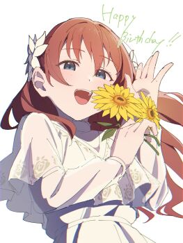 Rule 34 | 1girl, :d, blue eyes, blush, brown hair, commentary request, emma verde, flower, happy birthday, highres, holding, holding flower, koisuru sunflower, long hair, long sleeves, looking at viewer, love live!, love live! nijigasaki high school idol club, mochi (znkn4524), open mouth, simple background, smile, solo, sunflower, white background