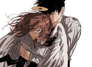 2boys angel angel_devil_(chainsaw_man) angel_wings black_hair black_necktie busuttt chainsaw_man closed_eyes closed_mouth collared_shirt commentary_request earrings floating_hair halo hayakawa_aki highres hug hug_from_behind jewelry long_hair long_sleeves male_focus multiple_boys necktie shirt short_hair simple_background topknot traditional_halo white_background white_shirt white_wings wings