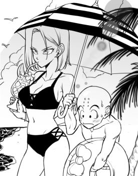 1boy 1girl android_18 bald bald_male beach blush breasts cleavage couple dragon_ball drink drinking_straw highres husband_and_wife kuririn nervous_sweating pool_float sweat swimsuit thick_thighs thighs