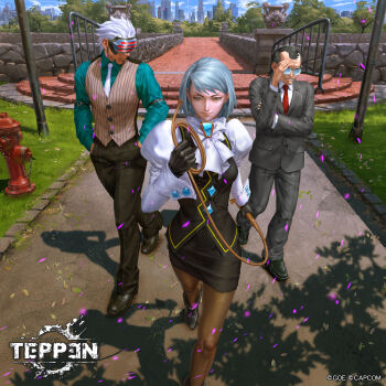 1girl 2boys ace_attorney arm_at_side arm_belt ascot balding black_gloves black_hair black_pants black_shoes black_skirt black_vest blue_gem blue_sky breasts brown_pantyhose brown_vest buttoned_cuffs buttons capcom character_request closed_mouth copyright_logo copyright_name copyright_notice dappled_sunlight facial_hair fire_hydrant formal_clothes from_above gem glasses gloves goatee grass green_shirt grey_hair grey_jacket grey_pants grey_suit hair_slicked_back hand_on_own_arm hand_on_own_forehead hand_up hands_in_pockets highres holding holding_whip jacket juliet_sleeves light_particles logo long_sleeves medium_breasts medium_hair mole mole_under_eye multiple_boys necktie nose official_art on_floor opaque_glasses outdoors pants pantyhose parted_lips pencil_skirt pocket puffy_sleeves railing rectangular_eyewear red_necktie serious shirt shoes skirt sky skyline smile smirk suit suit_jacket sunlight swept_bangs teeth turning_head undershirt v-shaped_eyebrows vanishing_point vest walking white_ascot white_hair white_necktie white_shirt wing_collar yu_cheng_hong