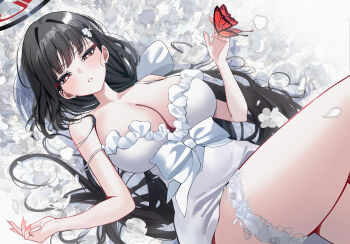 1girl absurdres black_hair black_halo blue_archive blush bow breasts bright_pupils bug butterfly cleavage commentary_request dress flower hair_behind_ear hair_ornament halo highres insect large_breasts long_hair lying mango_(mango0208) multicolored_halo on_back red_eyes red_halo ringed_eyes rio_(blue_archive) sleeveless sleeveless_dress solo thigh_strap two-tone_halo white_dress white_pupils