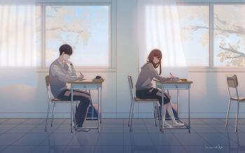 Rule 34 | 1boy, 1girl, artist name, black hair, black pants, black skirt, brown hair, chair, classroom, commentary request, curtains, day, from side, grey shirt, grey sweater vest, hanako151, hand rest, highres, indoors, long hair, long sleeves, on chair, original, pants, pleated skirt, reflection, sailor collar, school chair, school uniform, shirt, shoes, short hair, sitting, skirt, slice of life, socks, sweater vest, tile floor, tiles, uwabaki, very short hair, white sailor collar, white shirt, white shoes, white socks, window