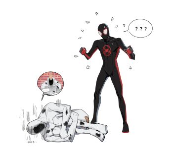 2boys ? after_anal after_rape bandaid bandaid_on_ass chenlinblackc confused curled_fingers fetal_position flying_sweatdrops heart highres male_focus marvel multicolored_bodysuit multiple_boys penis_through_head portal_sex print_bodysuit spider-man:_across_the_spider-verse spider-man_(miles_morales) spider-man_(series) spider-verse spoken_heart spoken_question_mark spot_(marvel) traumatized turn_pale two-tone_bodysuit