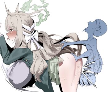 1boy 1girl absurdres age_difference ahegao blonde_hair blue_archive blush breasts clothed_female_nude_male clothed_sex cum cum_in_pussy doggystyle dopajiru grabbing_another's_hair grabbing_from_behind highres holding_another's_hair huge_breasts huge_testicles long_hair miyo_(blue_archive) nude open_mouth sex sex_from_behind shota simple_background sweat testicles tongue tongue_out vaginal white_background