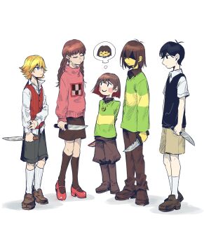 1girl 2boys 3others antenna_hair arms_behind_back black_hair black_shirt black_skirt black_socks black_vest blonde_hair blue_eyes bob_cut braid brown_hair brown_pants brown_shoes brown_shorts chara_(undertale) closed_eyes closed_mouth collared_shirt colored_skin commentary crossover deltarune end_roll frisk_(undertale) green_sweater highres holding holding_knife kneehighs knife kris_(deltarune) loafers long_hair long_sleeves madotsuki mary_janes mc83xj mixed-language_commentary multiple_boys multiple_crossover multiple_others omori pants partially_shaded_face pink_sweater red_shoes red_vest russell_seager shirt shoes short_hair shorts skirt smile socks speech_bubble sunny_(omori) sweater thought_bubble twin_braids undertale utdr_(toby_fox) vest weapon_connection white_shirt white_socks yellow_skin yume_nikki