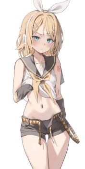 1girl absurdres aqua_eyes arm_warmers bare_shoulders bass_clef black_panties black_shorts blonde_hair blue_eyes blush bow closed_mouth clothes_lift crop_top hair_bow hair_ornament hairclip headphones headset highres kagamine_rin lifting_own_clothes looking_at_viewer navel neckerchief open_clothes open_shorts panties sailor_collar scarlet_(wv0102) shirt shirt_lift short_hair shorts sleeveless sleeveless_shirt solo standing treble_clef underwear vocaloid white_bow yellow_neckerchief