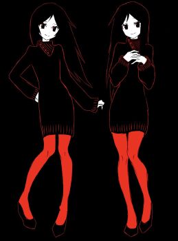 1girl black_hair commentary dress english_commentary full_body hand_on_own_hip helllmari highres long_hair long_sleeves monochrome multiple_views original own_hands_together pantyhose red_pantyhose sleeves_past_wrists smile sweater sweater_dress