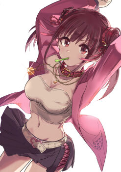 1girl absurdres animal_collar arms_up belt black_skirt breasts brown_eyes brown_hair closed_mouth collar cowboy_shot d double_bun dutch_angle hair_bun hair_ribbon heart highres idolmaster idolmaster_shiny_colors jacket jewelry large_breasts long_sleeves looking_at_viewer midriff miniskirt mouth_hold navel necklace open_clothes open_jacket pink_jacket pink_ribbon pizzasi pleated_skirt red_collar ribbon shirt short_hair simple_background skirt solo sonoda_chiyoko sparkle standing strapless tube_top white_background white_belt white_shirt