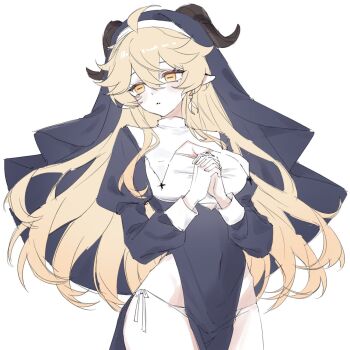 1girl aether_(genshin_impact) ahoge alternate_costume black_dress black_headdress blonde_hair bow breasts chinese_commentary cleavage cleavage_cutout clothing_cutout commentary_request cowboy_shot demon_horns dress earrings empty_eyes eyelashes fingernails genderswap genderswap_(mtf) genshin_impact hair_between_eyes hands_up highres horizontal_pupils horns jewelry juliet_sleeves large_breasts long_hair long_sleeves looking_to_the_side nun nun_headdress orange_eyes own_hands_together panties pointy_ears puffy_long_sleeves puffy_sleeves sidelocks simple_background single_earring solo standing symbol-shaped_pupils teeth tsuyaryouyado turtleneck turtleneck_dress underwear wavy_hair white_background white_bow white_panties